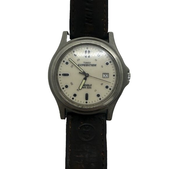 Vtg Timex Expedition Indiglo Mens Watch White Face Date Brown Leather Band WR50M - Picture 1 of 8
